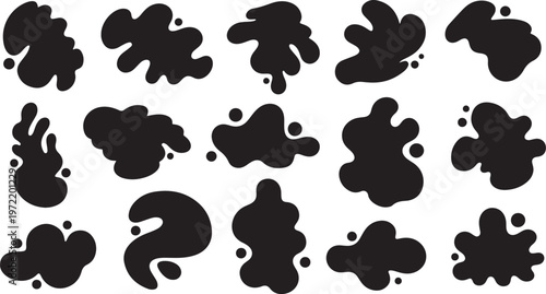 Black ink blots on white background, abstract shapes and splatters