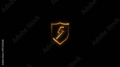 Isolated neon glowing high voltage shield on black background. Glowing neon line lightning high voltage and shield icon.