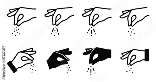 Hand sprinkling salt or spices onto food concept outline and silhouette icons