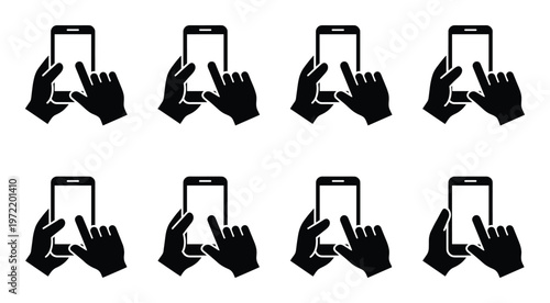 Hands holding smartphones and touching screen with finger cursor pointing cursor