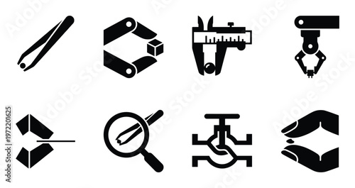 Industrial precision tools and robotic arm grippers icon set for manufacturing and laboratory work