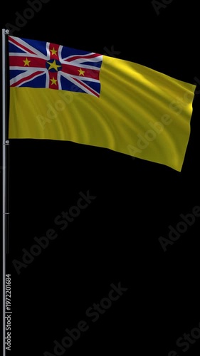 Niue flag waving on metal flagpole, vertical video with transparent background and alpha channel, seamless loop 3D rendering 4K
