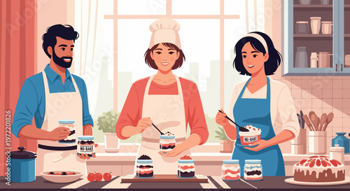 People in kitchen cooking.