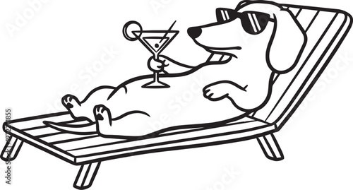 silhouette of a cool dachshund dog relaxing on a beach chair with a drink
