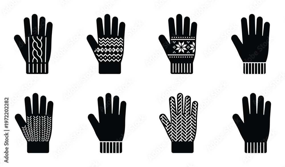 Fototapeta premium Set of black icons of knitted gloves and mittens with various patterns on transparent background