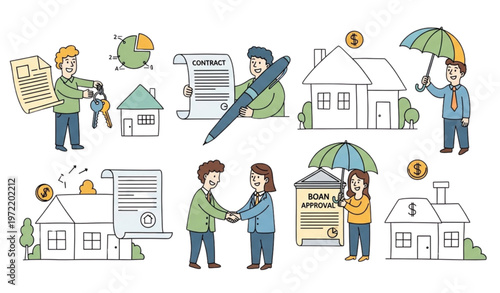 Real estate mortgage doodle illustration with home buying and finance concept