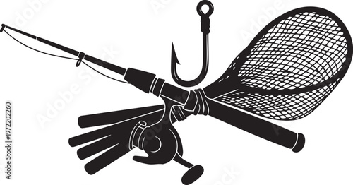 Fishing gear illustration with rod, reel, net, and hook equipment