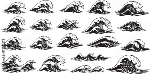 Collection of various wave illustrations in black and white style