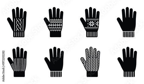 Set of black icons of knitted gloves and mittens with various patterns on transparent background