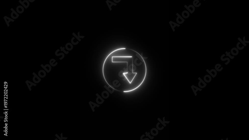 Directional arrow concept, animation of a directional arrow flashing downward from the left side of a neon circle.