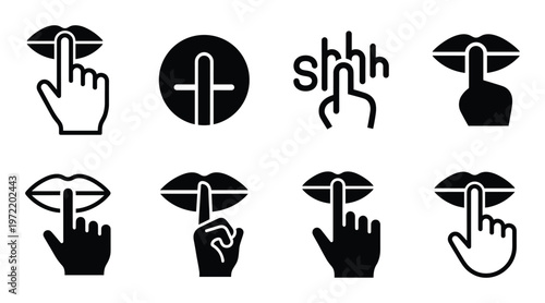 Set of black shhh silence gesture icons on transparent background for quiet concept
