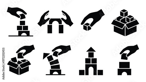 Set of black silhouette building blocks icons. simple children toy and construction game symbols