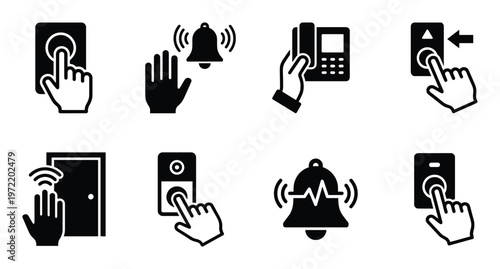 Set of black silhouette doorbell and intercom icons. simple notification and communication symbols