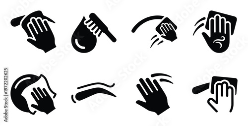 Set of cleaning hand icons with various wiping and scrubbing gestures on transparent background