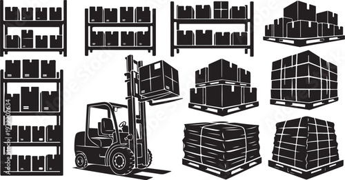 Warehouse Storage and Logistics with Forklift and Crates Illustration Set