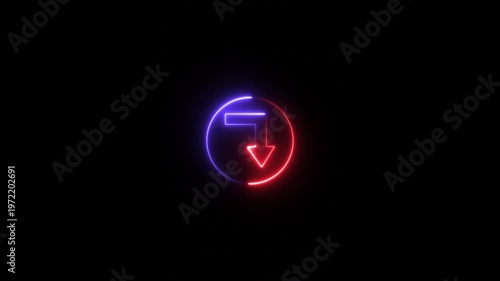 Directional arrow concept, animation of a directional arrow flashing downward from the left side of a neon circle.