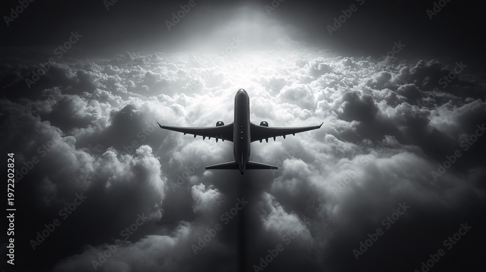 Naklejka premium An airplane cuts through a dramatic cloudy sky, its shadow cast below, as bright light from above creates a sense of depth and movement.