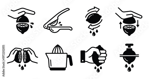 Set of lemon juice making process icons. squeeze fruit with hands and juicers