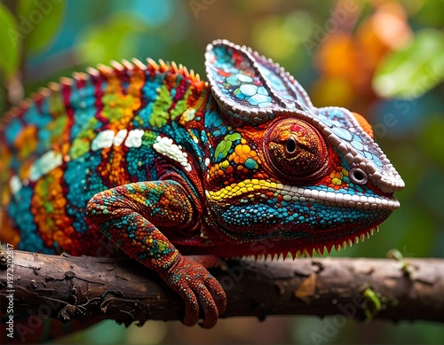 Brightly colored chameleon perched on a branch, eyes focused, against a lush, blurred green and orange background