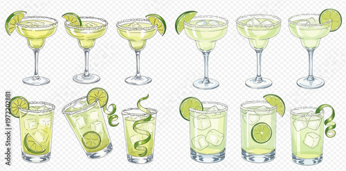 Set of refreshing lime cocktails and margaritas with ice and garnishes in various glasses.