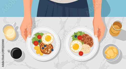 Person serving breakfast plates.