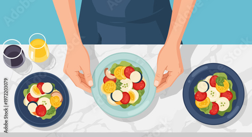 Person serving salad plates.