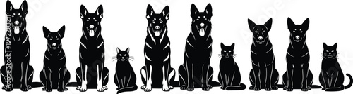 Collection of Black Dog and Cat Silhouettes Featuring German Shepherds and Domestic Felines in Sitting Poses for Pet Care Veterinary and Animal Branding