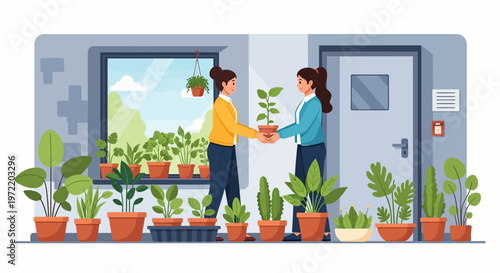 Women exchanging a plant.