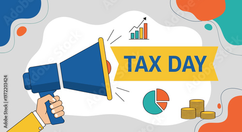 A hand holding a megaphone announcing "TAX DAY" with financial charts and coins, representing tax season and financial reporting.