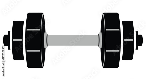 A simple stylized illustration of a black barbell with gray center shaft