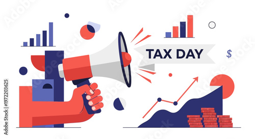 A hand holding a megaphone announcing "TAX DAY" with various financial graphs and charts in the background, symbolizing financial reporting and economic activity.