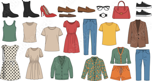 Fashion Apparel and Accessories Collection Featuring Dresses, Shoes, Bags, and Outfits for Stylish Wardrobe Illustrations