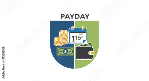 Illustration depicting payday with coins, banknotes, a wallet, and a calendar marking the 15th.