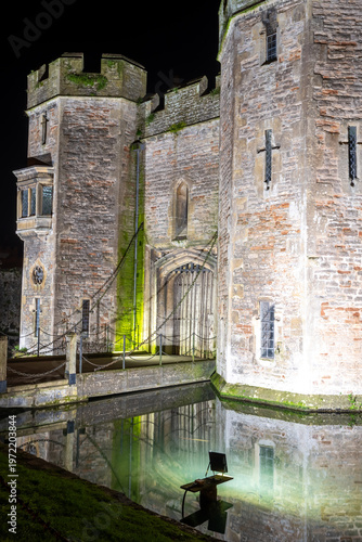 Night photo of the gatehouse at Bishops Palace in Wells