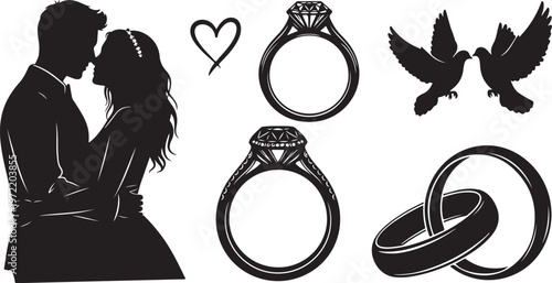Romantic Wedding Silhouette with Engagement Rings and Love Symbols