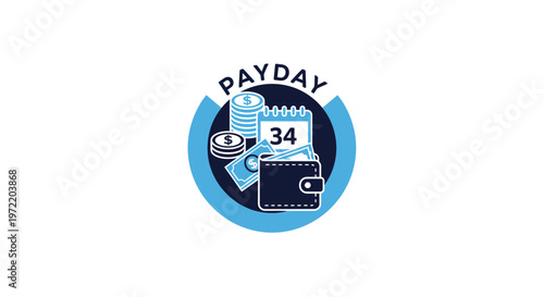Illustration of a wallet, coins, calendar, and banknotes symbolizing payday and financial planning.