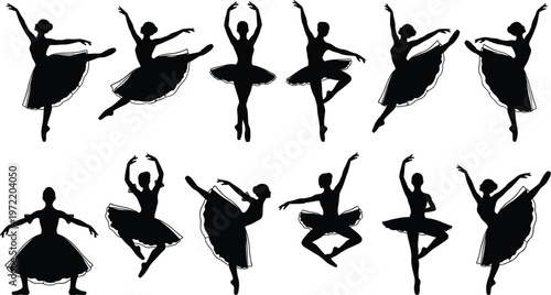 Elegant Collection of Female Ballet Dancer Silhouettes Wearing Tutus Performing Graceful Jumps and Poses for Classical Dance Performance Art and Theater Background Image