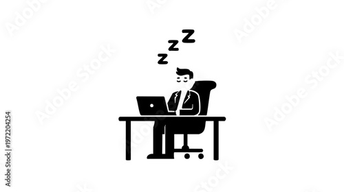Sleeping businessman at desk icon in black silhouette simple flat illustration