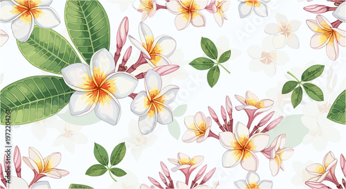 Beautiful seamless pattern of white and pink plumeria flowers with green leaves, tropical floral background.