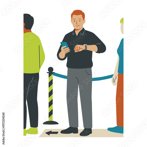 Man checks ticket while standing in line with two others