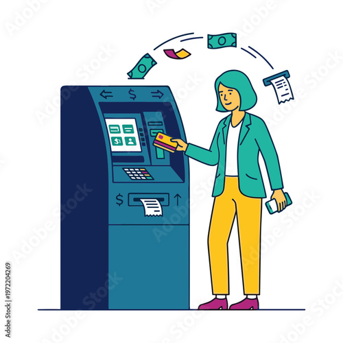 Woman withdraws money from an ATM machine with cash flying out.