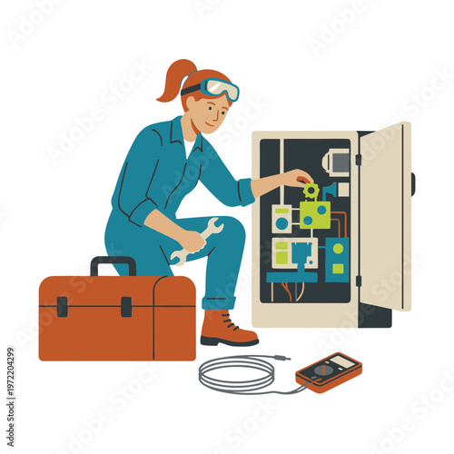 A woman in blue overalls repairing an electrical panel with a screwdriver.