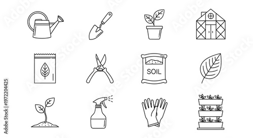 Gardening icons, including a watering can, shovel, plant, greenhouse, seed packet, pruning shears, soil bag, leaf, seedling, spray bottle, gloves, and planter box