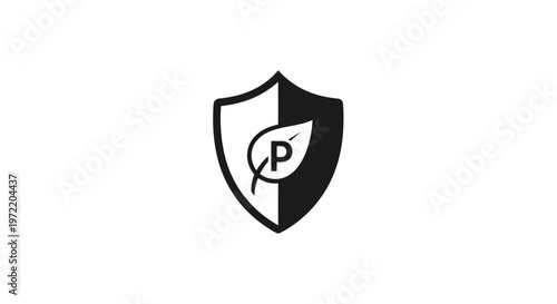 Shield with a leaf and the letter P, symbolizing organic or natural protection and safety