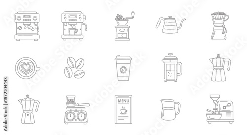 Collection of line art icons representing coffee-making equipment, brewing methods, and coffee-related items for a cafe or beverage business