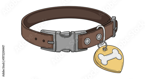 A simple brown leather dog collar with a golden bone-shaped tag is illustrated against a white background