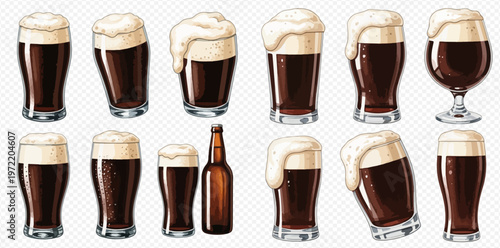Collection of various dark beer glasses and a bottle, showcasing different styles and foam levels.