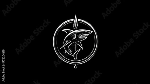 A white illustration of a shark pierced by a spear within a circular frame, set against a black backdrop
