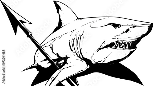 A monochrome illustration of a fierce shark, speared, with open jaws showing its menacing teeth