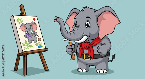 A cartoon elephant painting on an easel.